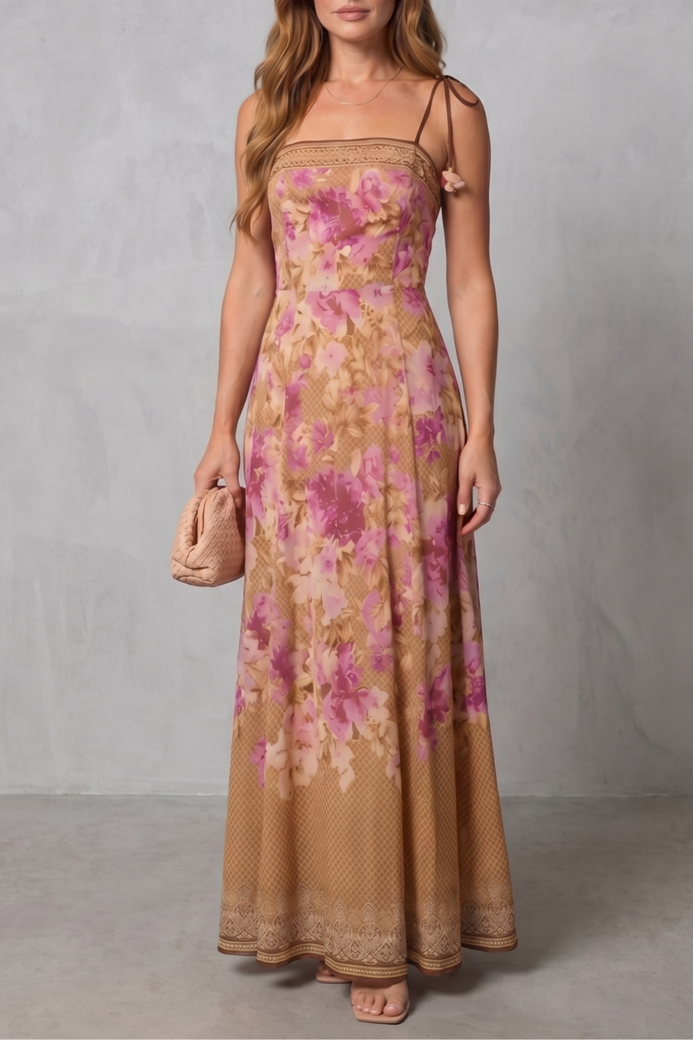 Floréline – Vestido maxi floral com decote quadrado