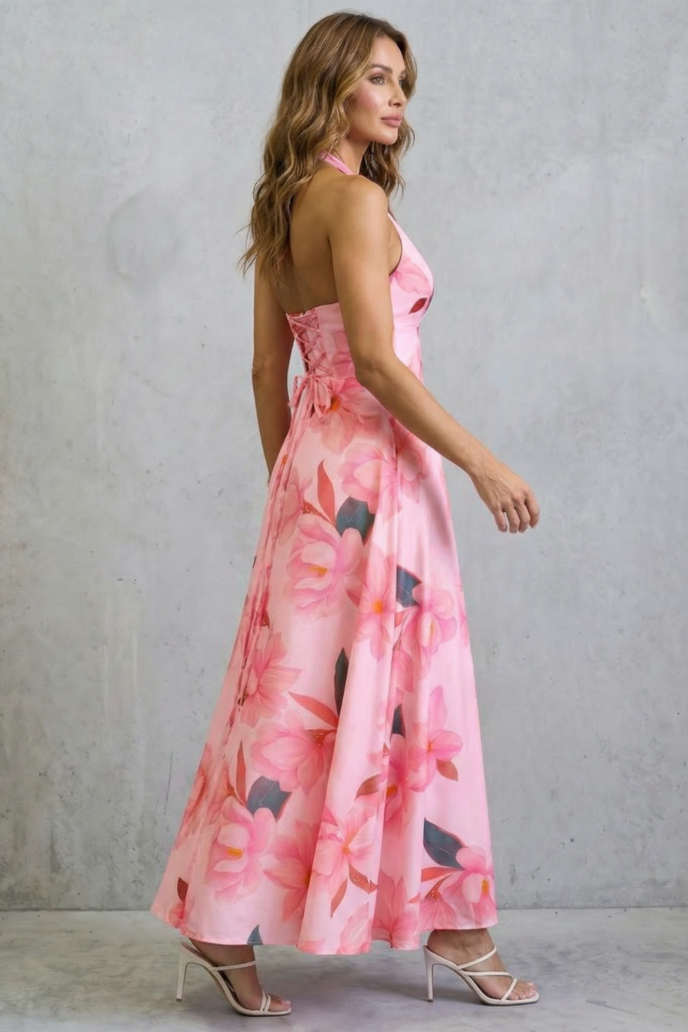 Florévia – Elegância floral com costas abertas – Vestido longo