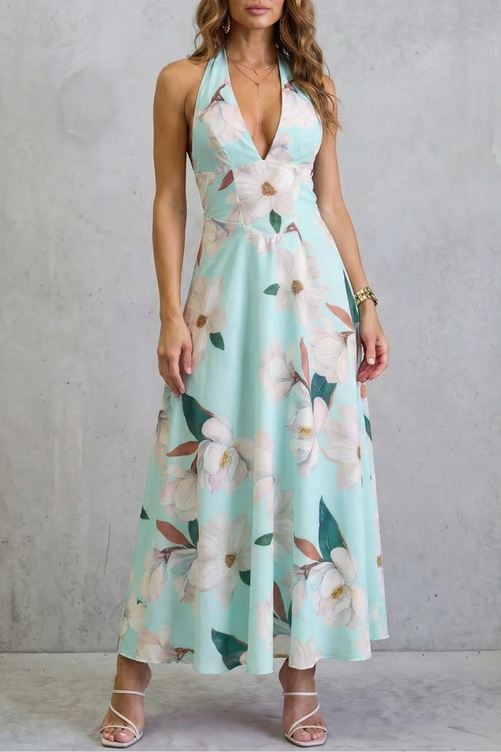Florévia – Elegância floral com costas abertas – Vestido longo