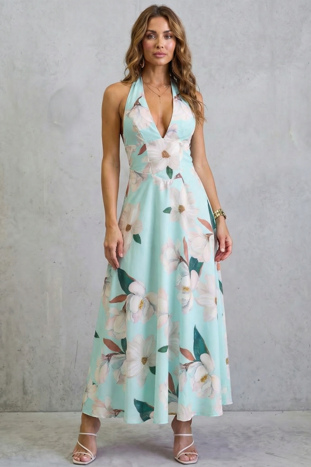 Florévia – Elegância floral com costas abertas – Vestido longo