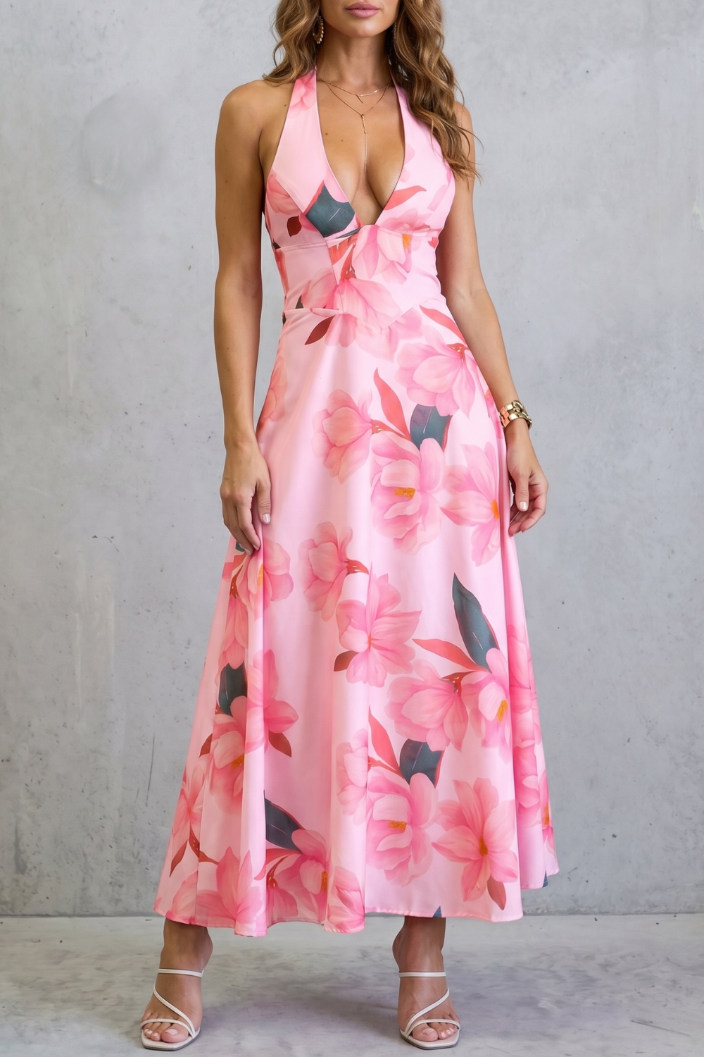 Florévia – Elegância floral com costas abertas – Vestido longo