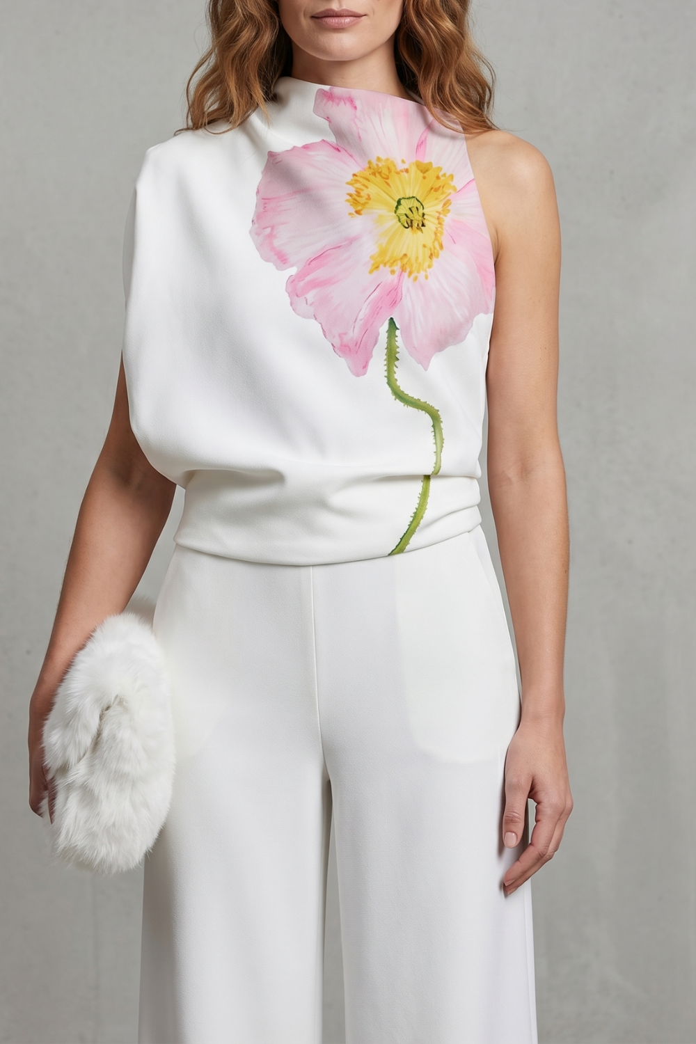 Florielle – Estampa floral artística – Top assimétrico sem mangas