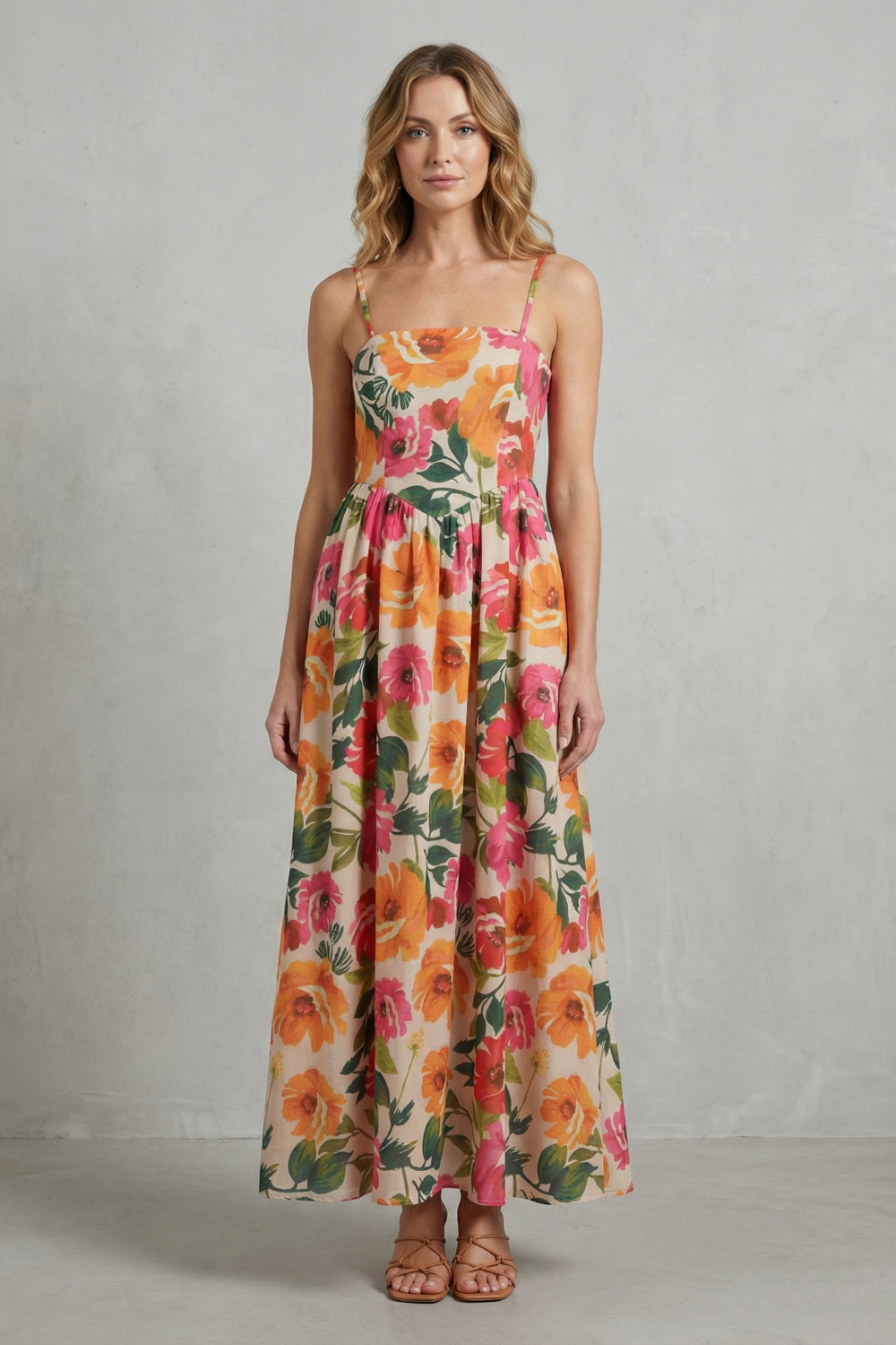 Florielle – Vestido midi floral com decote quadrado