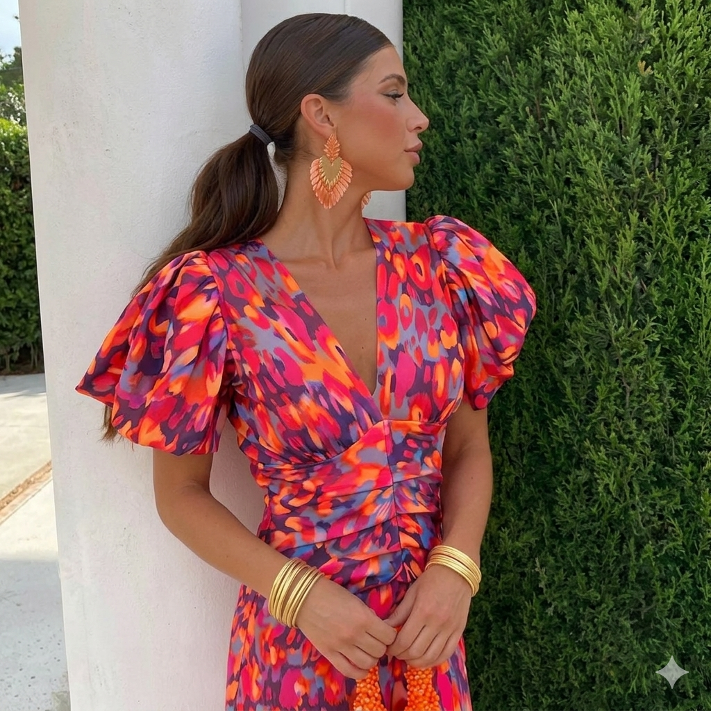 Tainara - Vestido midi estampado com mangas bufantes