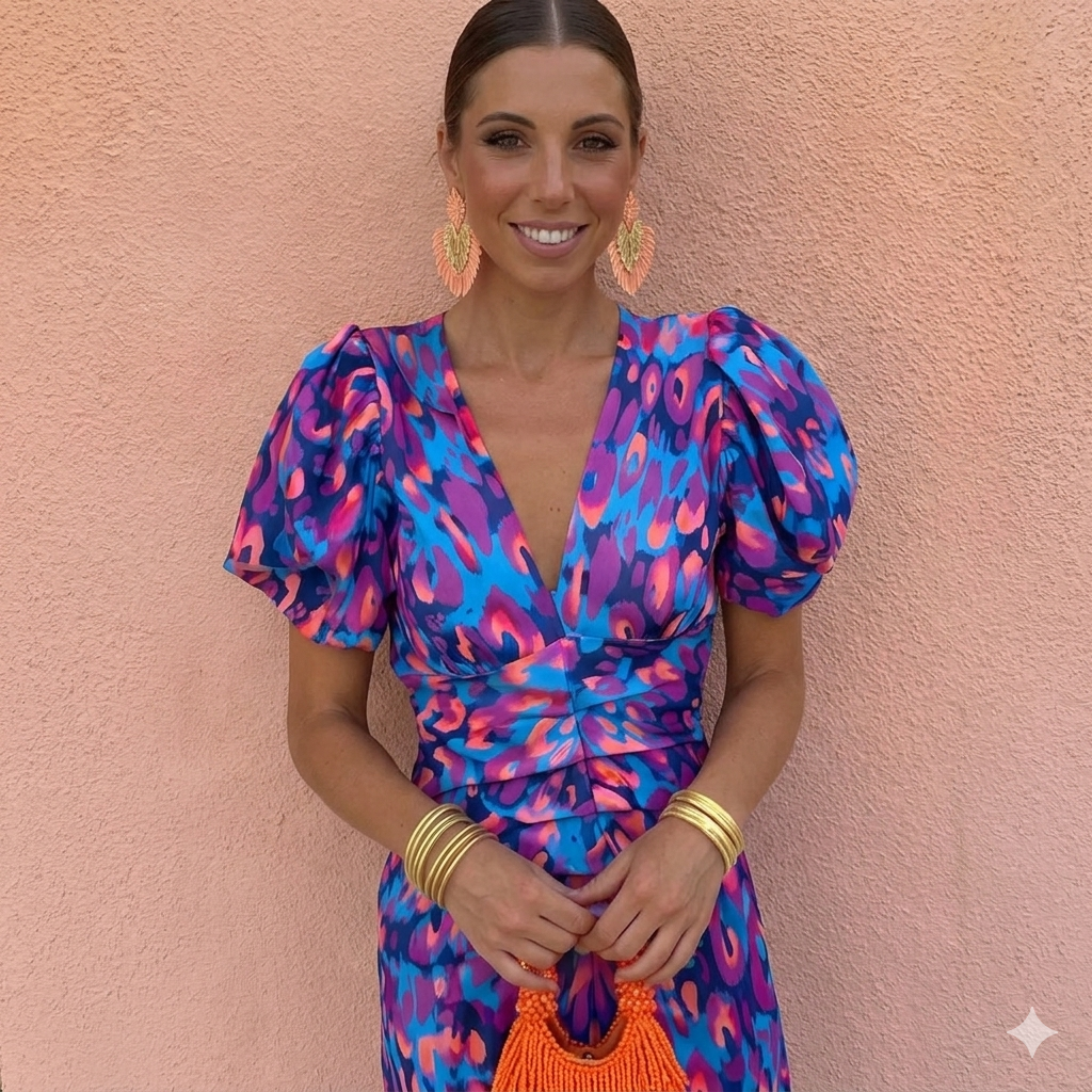 Tainara - Vestido midi estampado com mangas bufantes