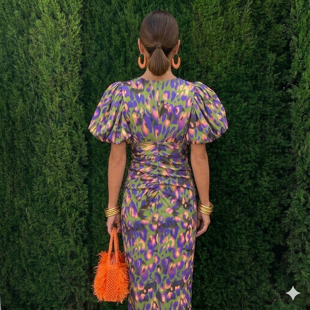 Tainara - Vestido midi estampado com mangas bufantes