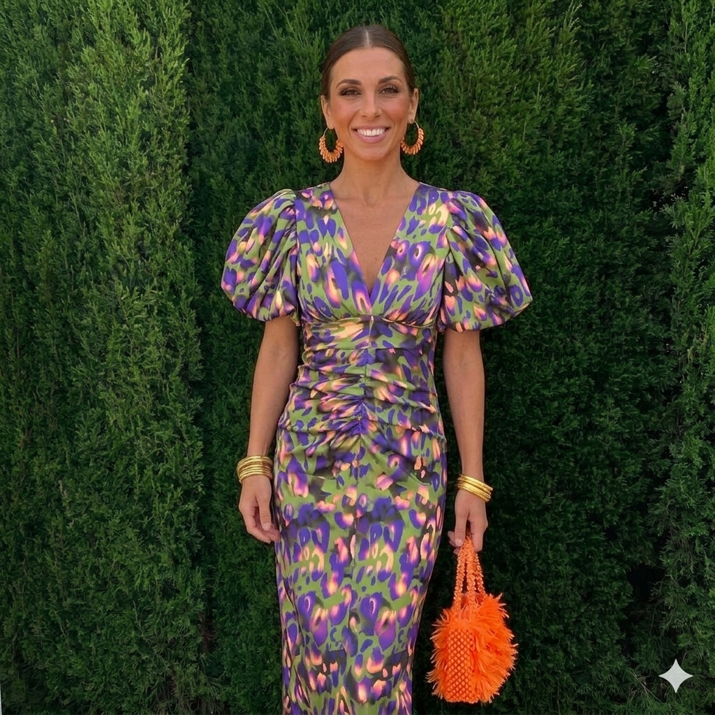 Tainara - Vestido midi estampado com mangas bufantes