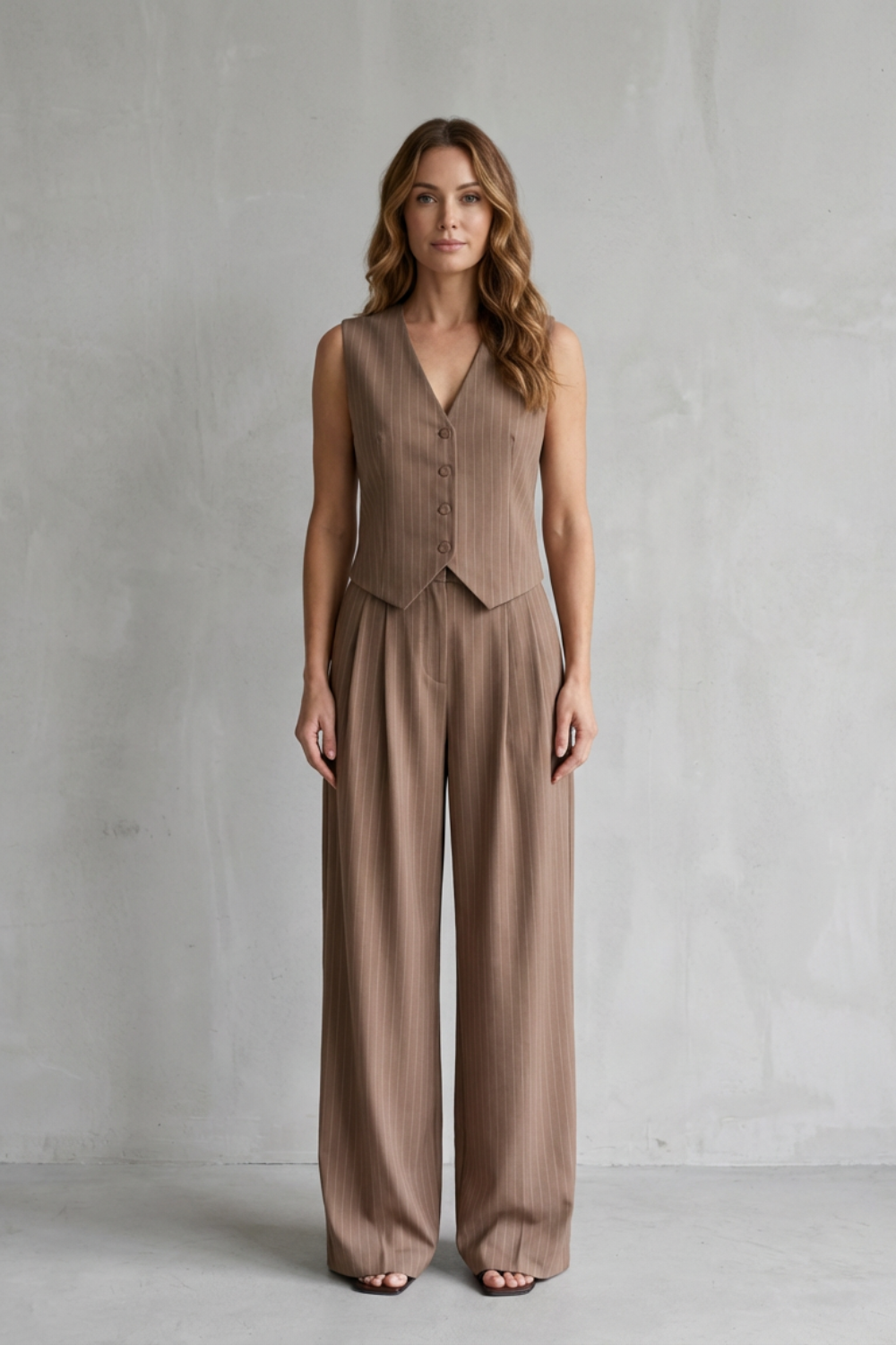 Isadora – Conjunto de Colete e Calça de Risca de Giz – Visual Moderno com Toque Vintage
