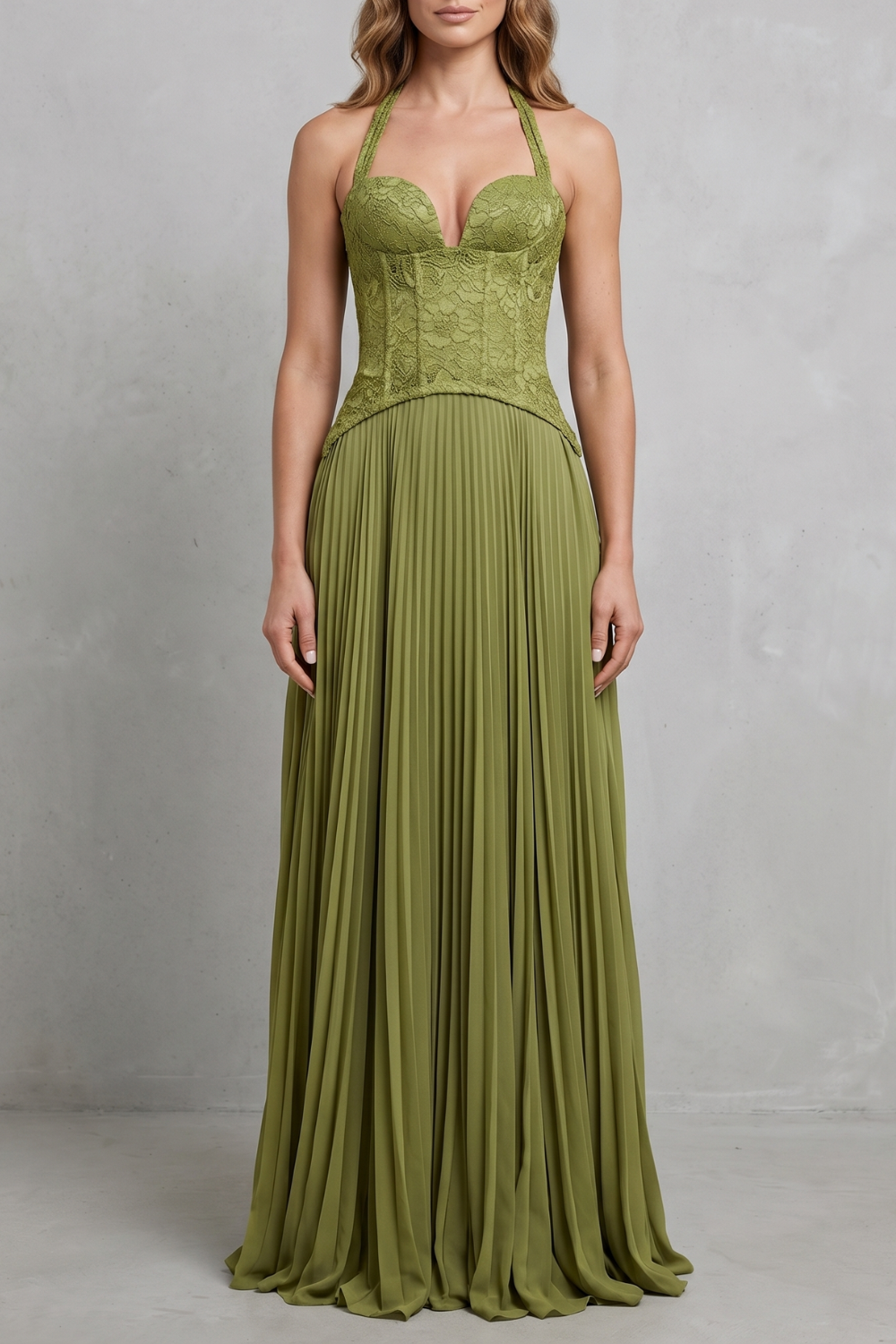 Kenlisse – Elegância plissada com corpete – Vestido longo