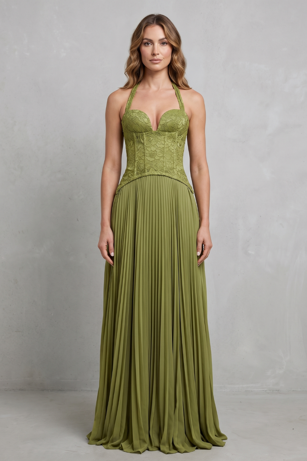 Kenlisse – Elegância plissada com corpete – Vestido longo