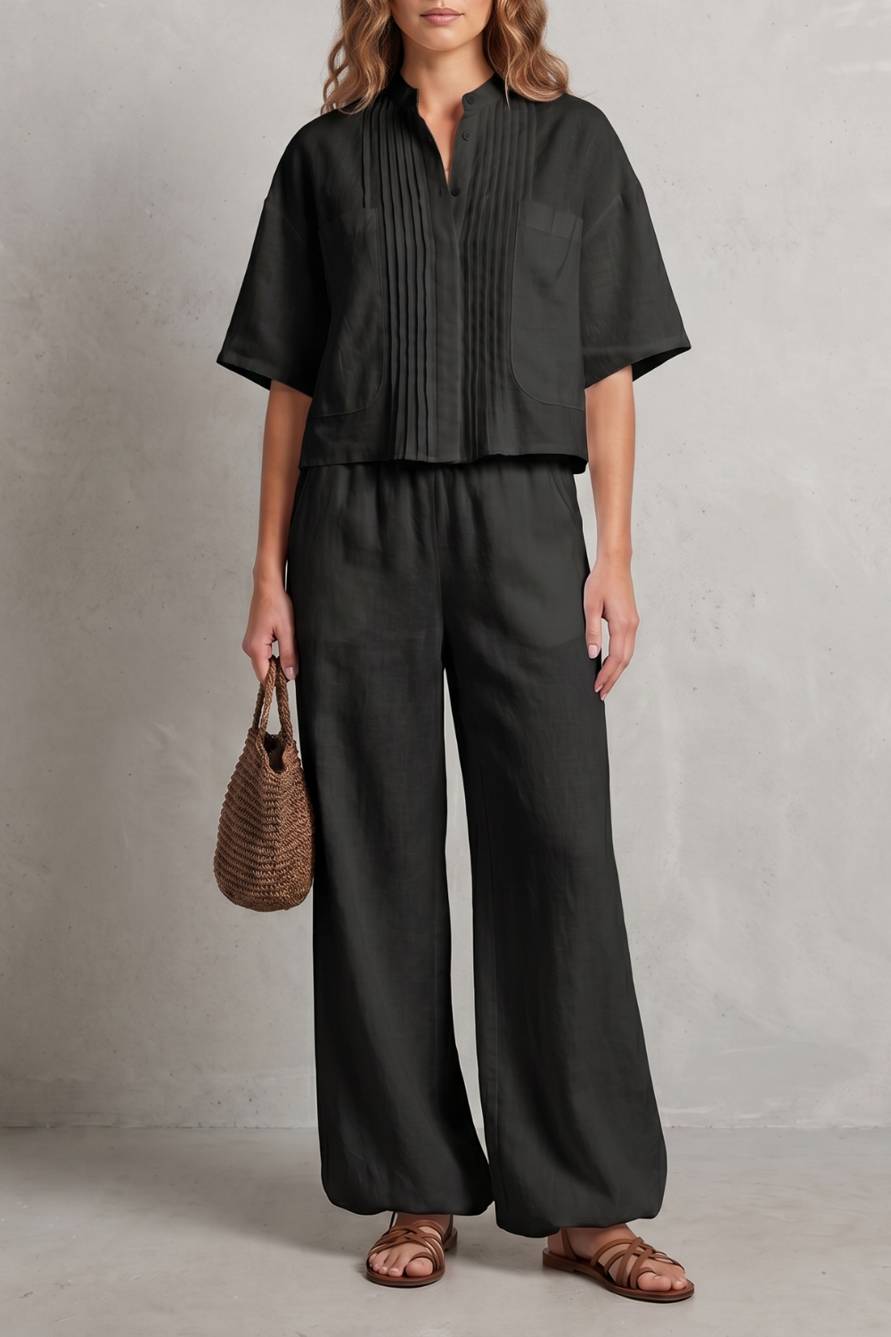 Limeaux – Elegância plissada e leveza – Conjunto de calça