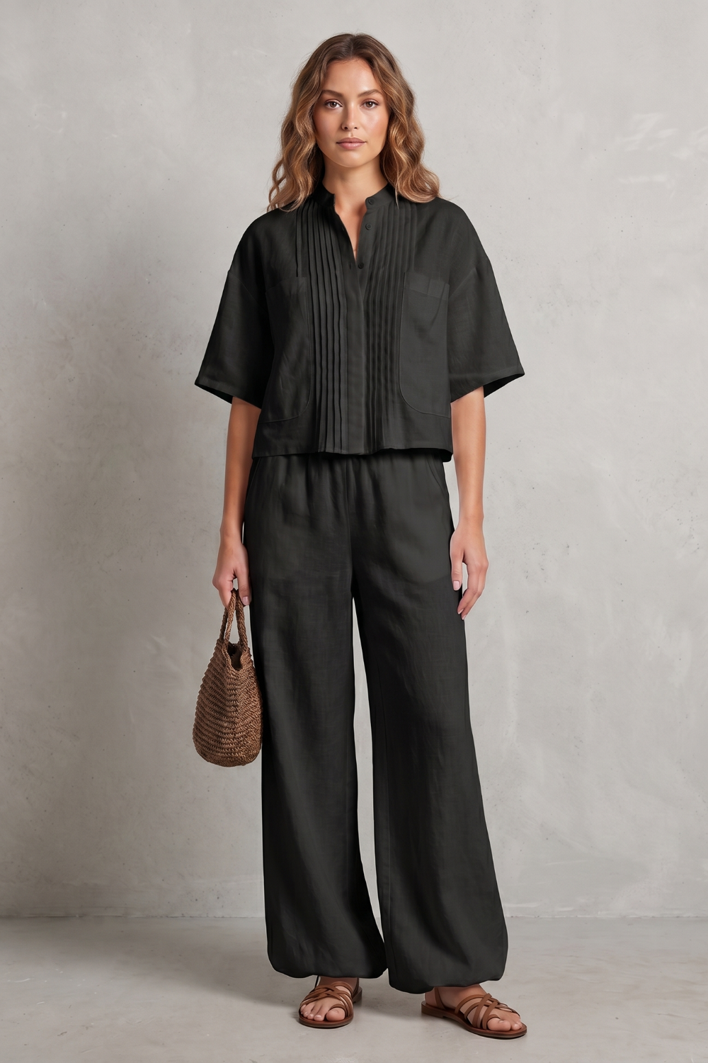 Limeaux – Elegância plissada e leveza – Conjunto de calça