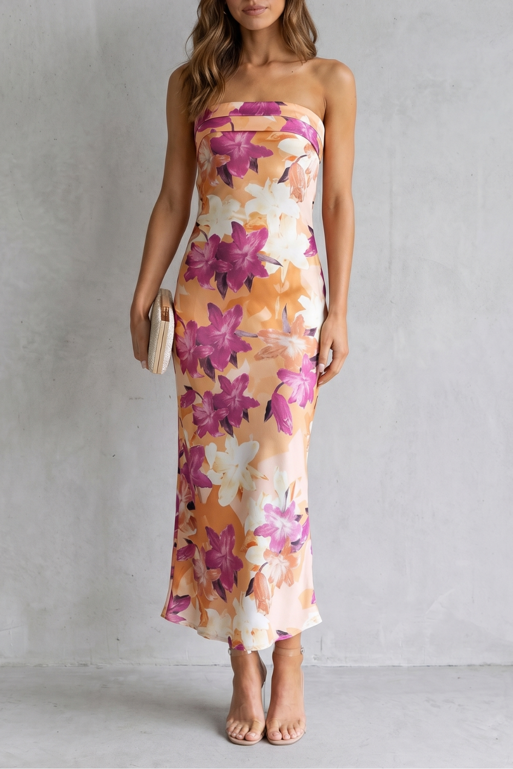 Linneva – Elegância floral tomara-que-caia – Vestido longo