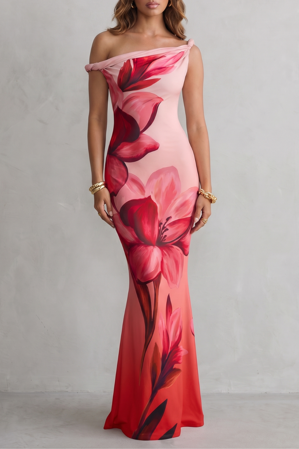 Liravelle – Atraente floral ombro a ombro – Vestido Maxi