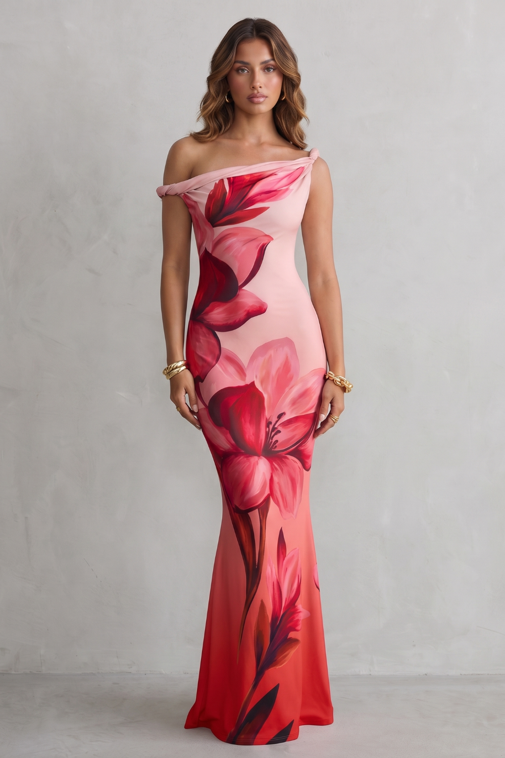 Liravelle – Atraente floral ombro a ombro – Vestido Maxi