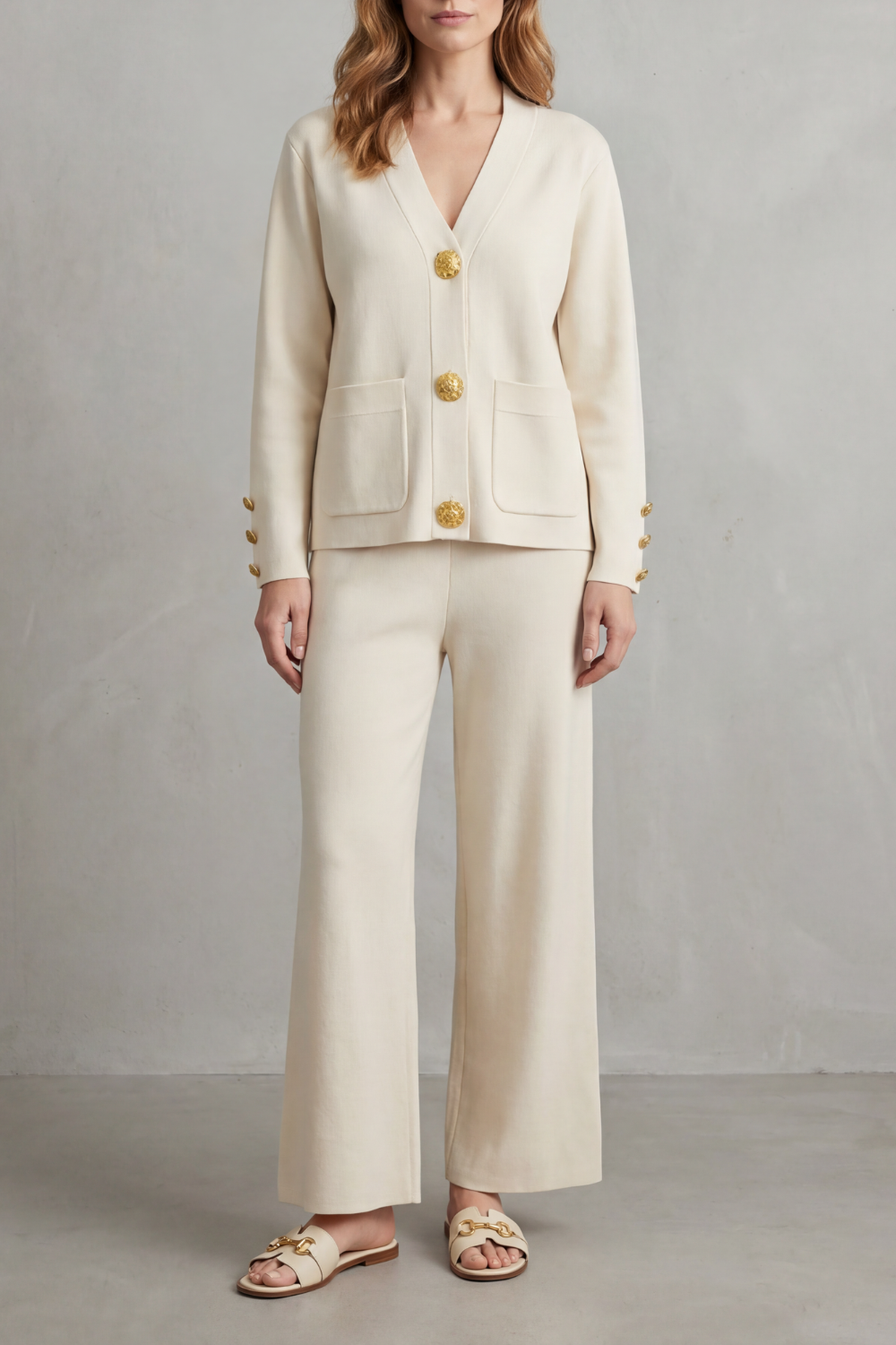 Livia – Detalhe de botões dourados – Conjunto loungewear abotoado