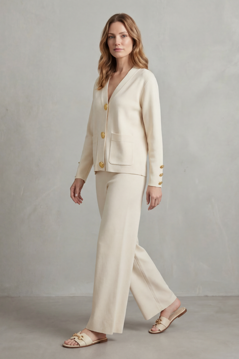 Livia – Detalhe de botões dourados – Conjunto loungewear abotoado