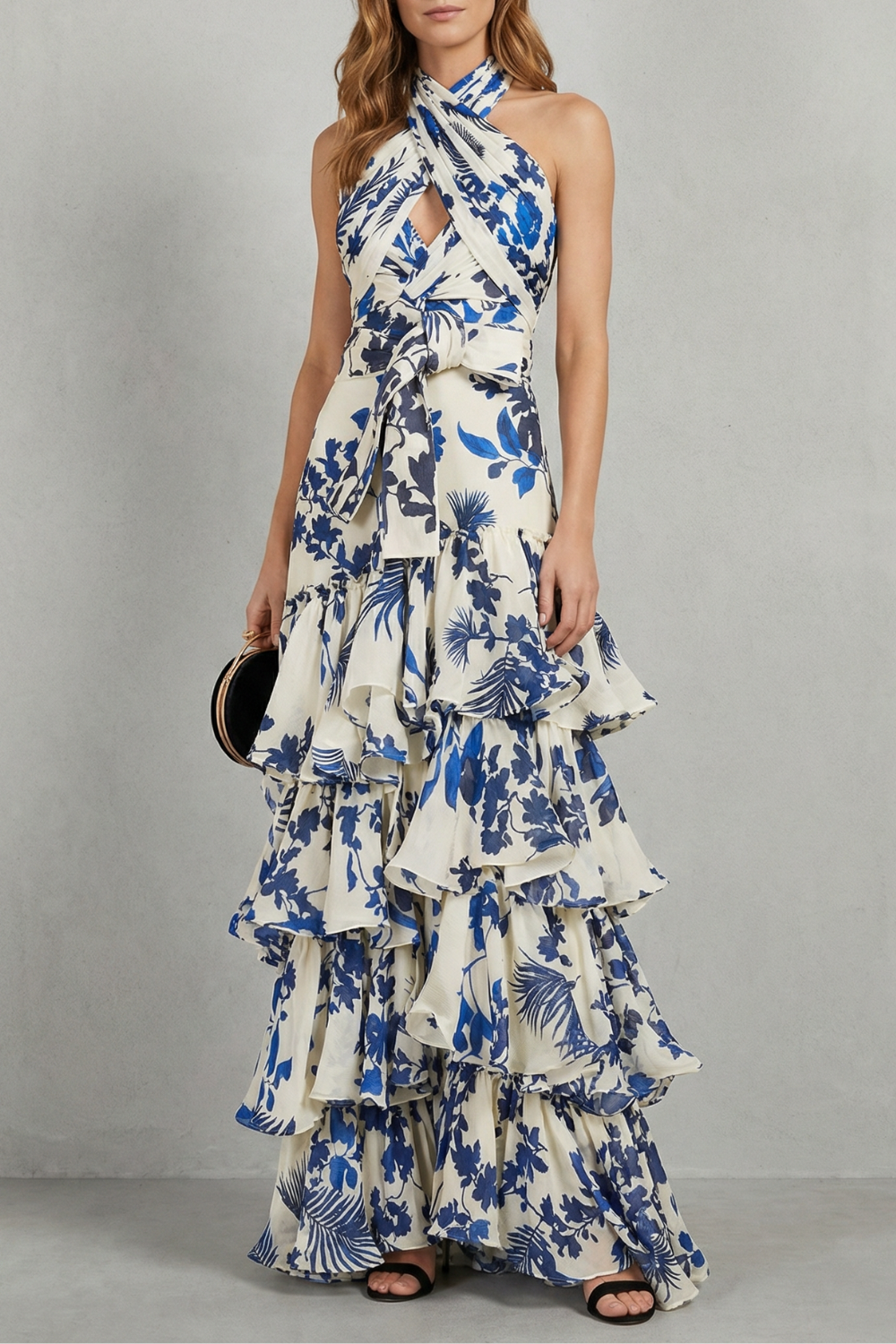 Lunarelle – Elegância floral com halter – Vestido maxi
