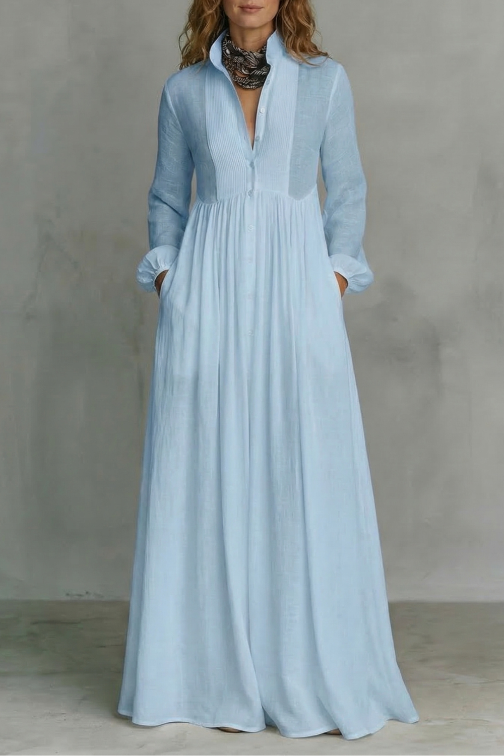 Lunarelle – Minimalismo atemporal – Vestido longo com gola Mao