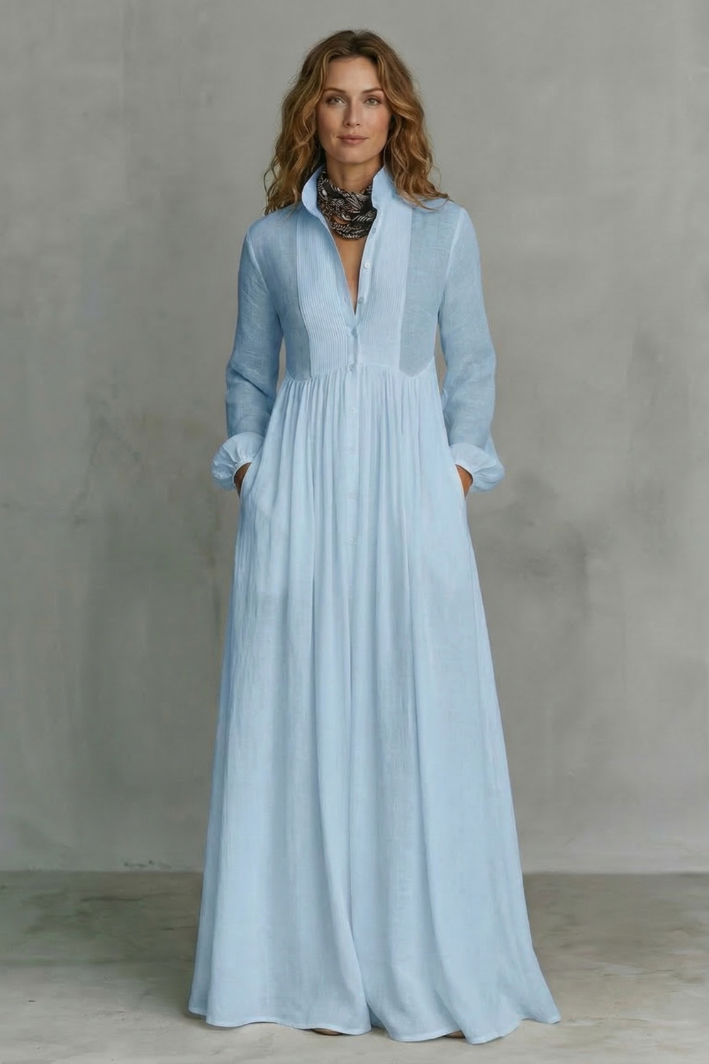 Lunarelle – Minimalismo atemporal – Vestido longo com gola Mao