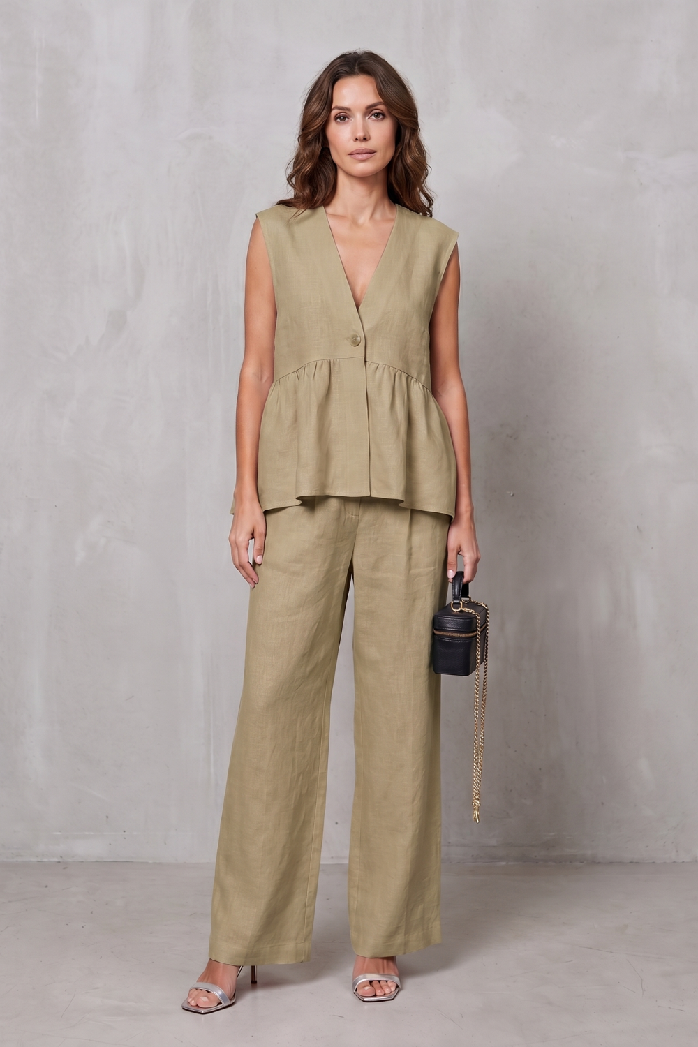 Lunessa – Elegância suave com peplum – Conjunto de calça de duas peças