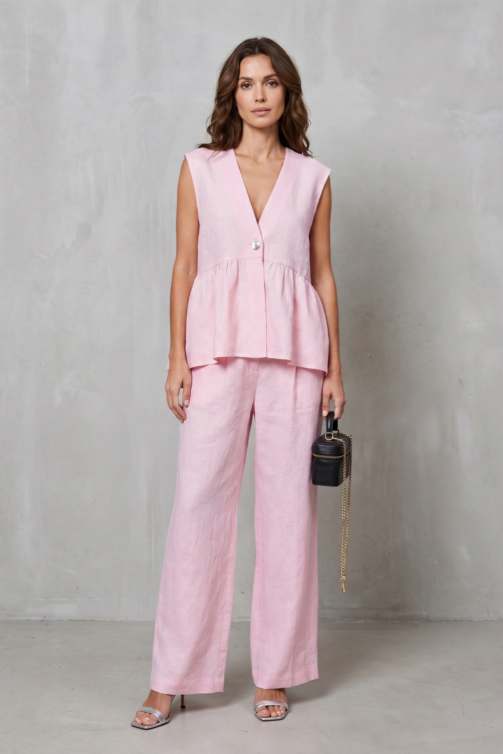 Lunessa – Elegância suave com peplum – Conjunto de calça de duas peças