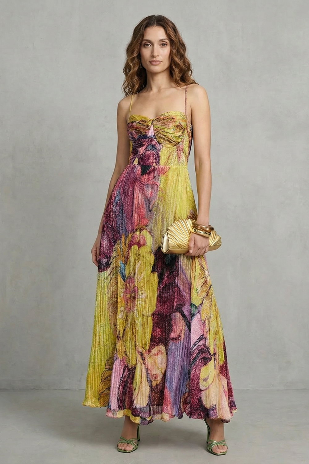 Lunézia – Pregas aquarela floral – Vestido longo fluido