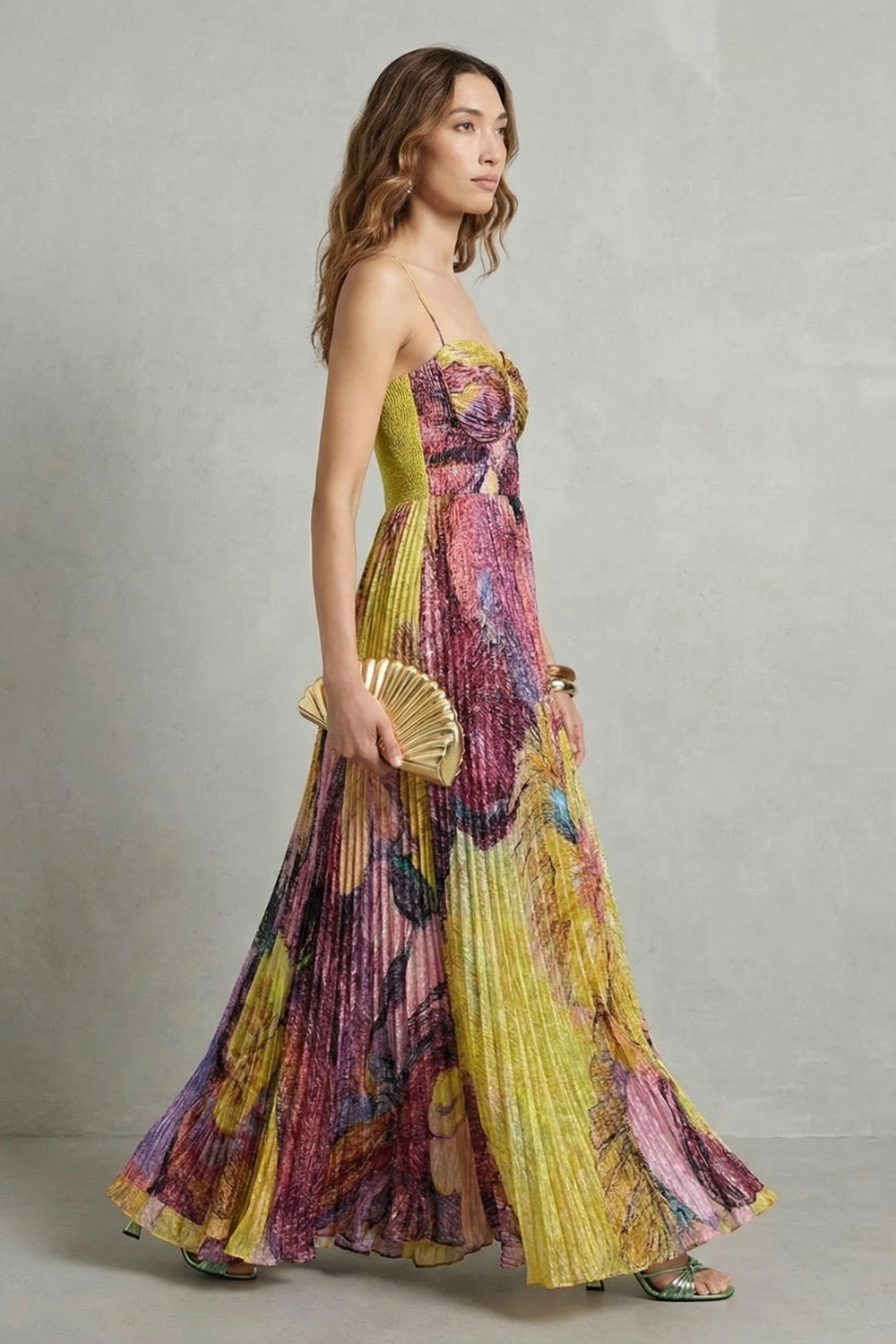 Lunézia – Pregas aquarela floral – Vestido longo fluido