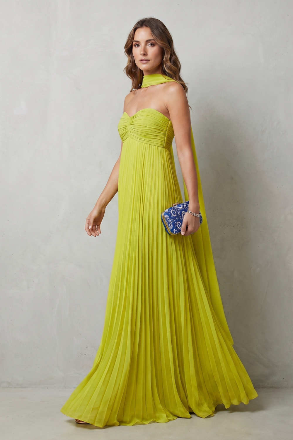 Makayelle – Elegância frente única com pregas – Vestido longo