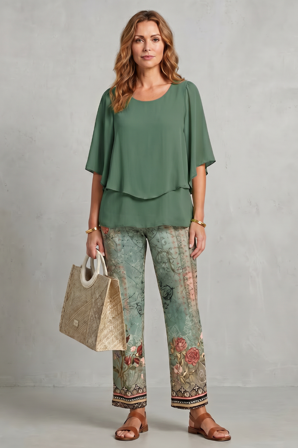 Mariselle – Elegância com estampa botânica – Conjunto de calça duas peças