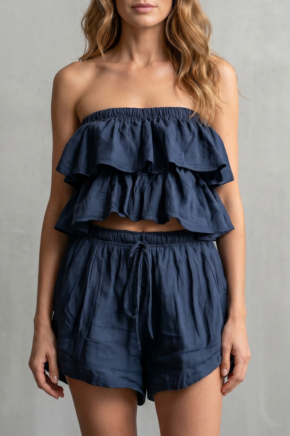 Marivelle – Charme à beira-mar com babados – Conjunto de shorts