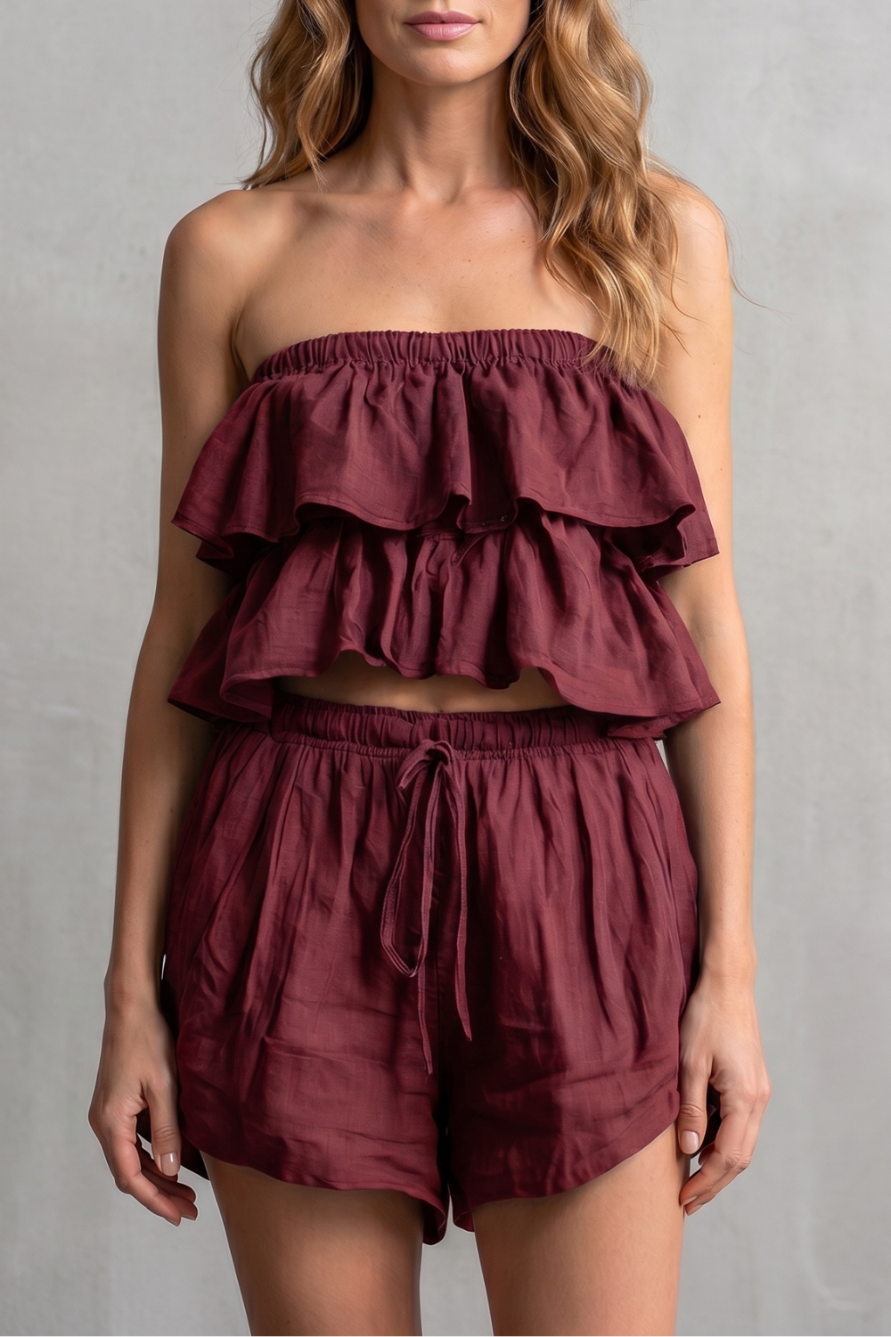 Marivelle – Charme à beira-mar com babados – Conjunto de shorts