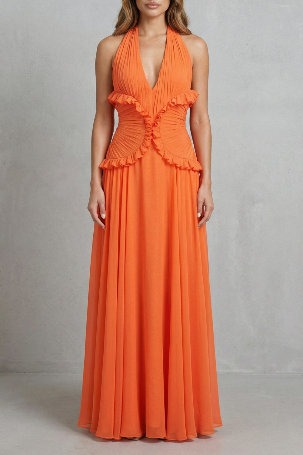 Marlowe – Romance ao pôr do sol – Vestido Longo Frente Única com Babados A-Line Feminino