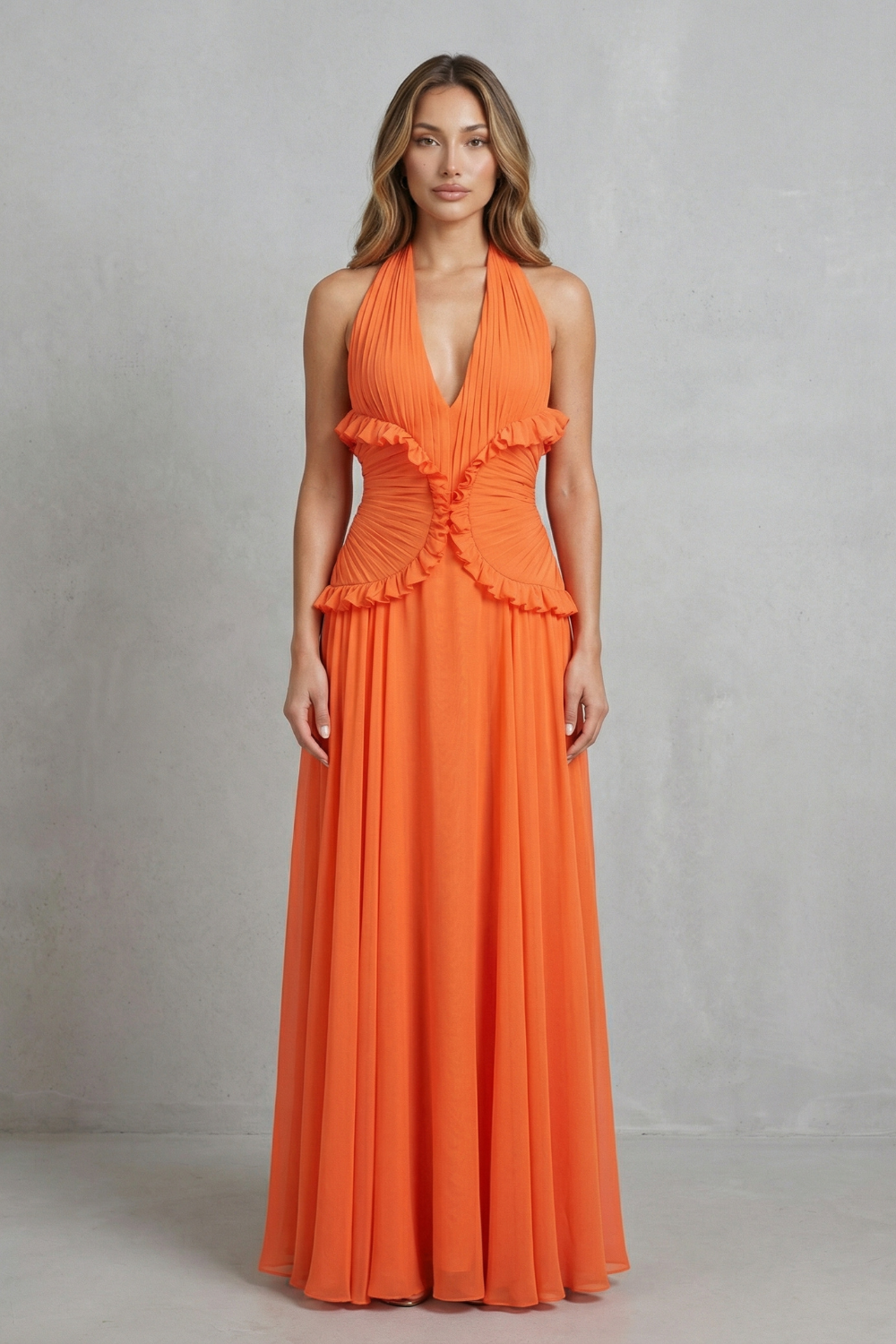 Marlowe – Romance ao pôr do sol – Vestido Longo Frente Única com Babados A-Line Feminino