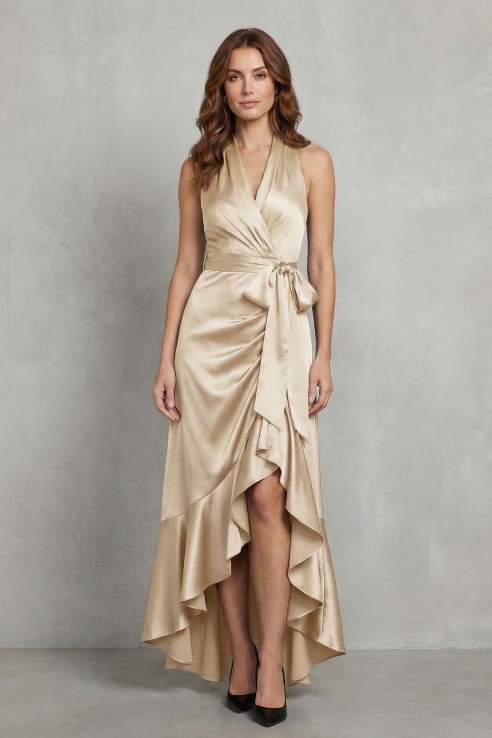 Noctavelle – Silhueta drapeada em cetim – Vestido longo para noite