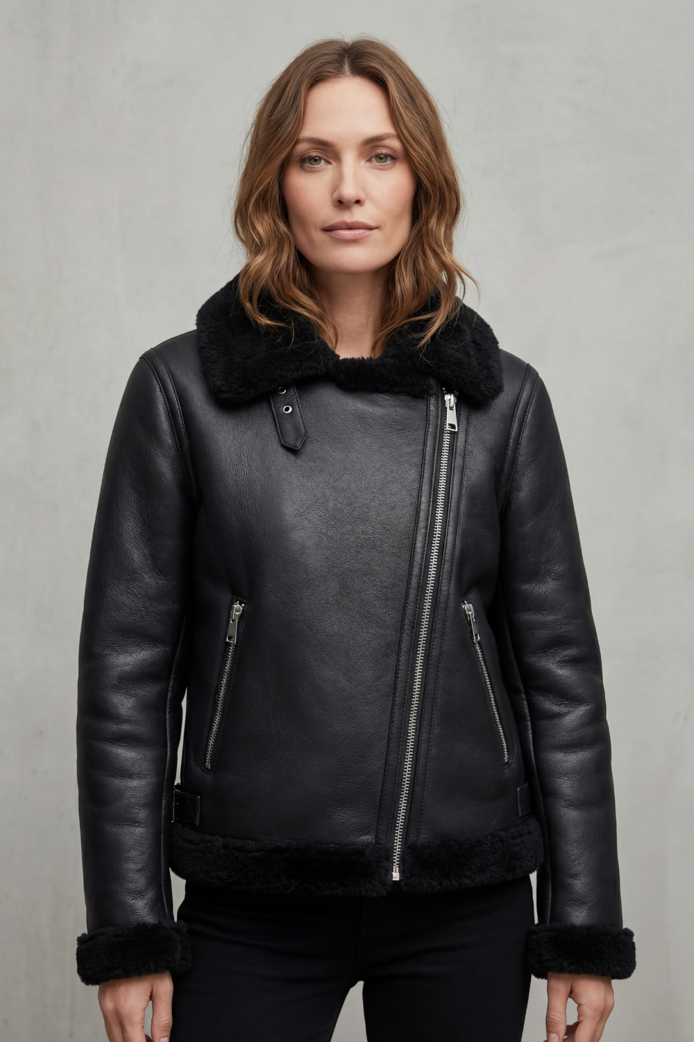 Noirellé – Zíper assimétrico – Jaqueta biker com shearling
