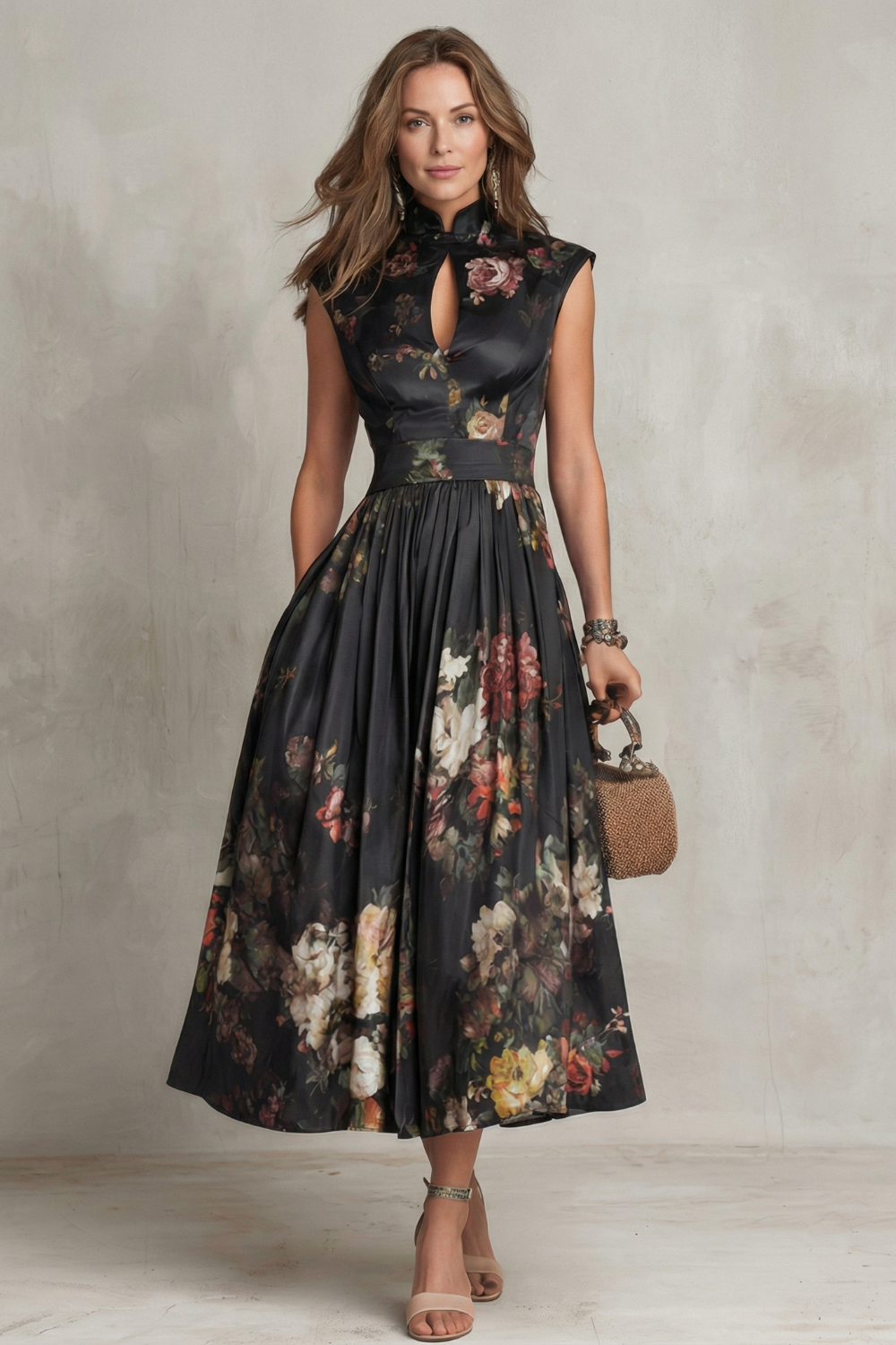 Noirelle – Elegância floral vintage – Vestido midi