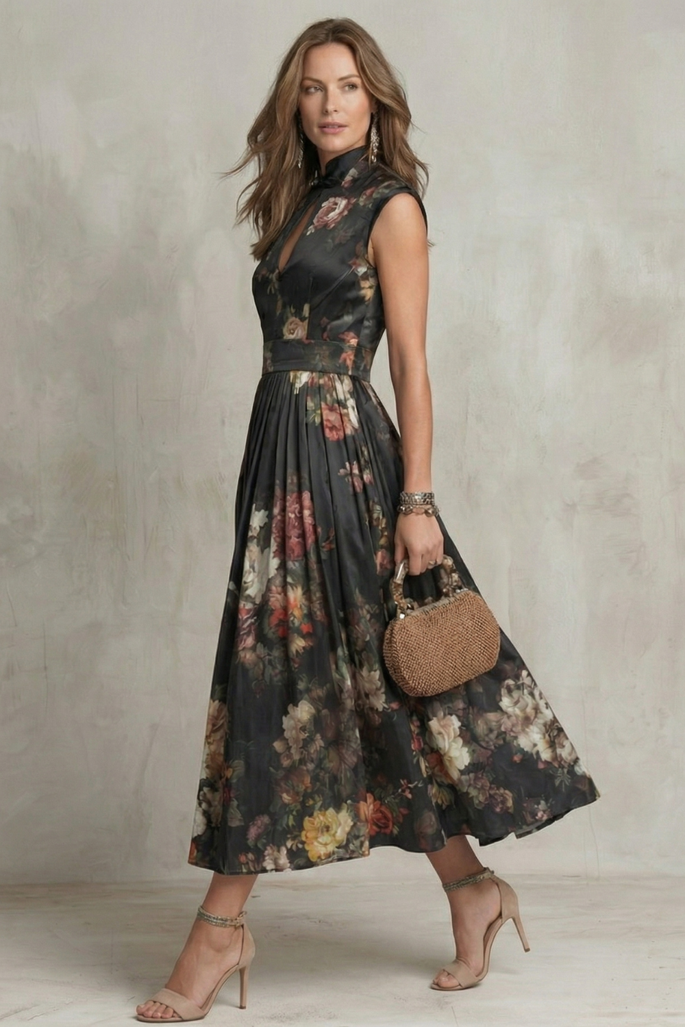 Noirelle – Elegância floral vintage – Vestido midi