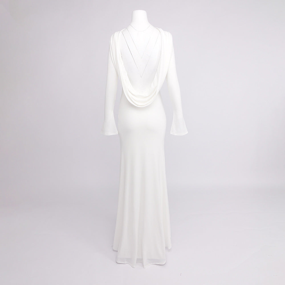 Vestido Longo Manga Longa Costas Drapeadas - Ester