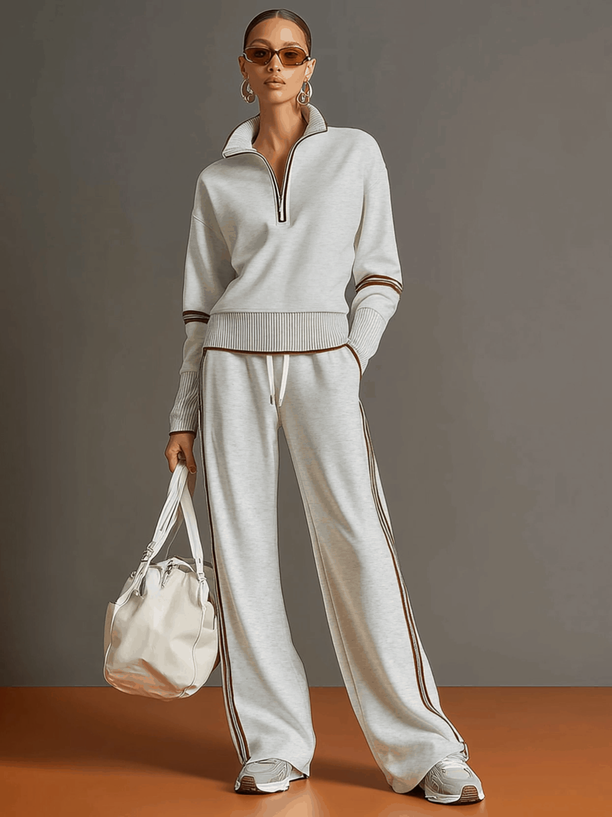 Conjunto Suéter Gola Alta Meio Zíper e Calça Wide Leg Listrada - Helena