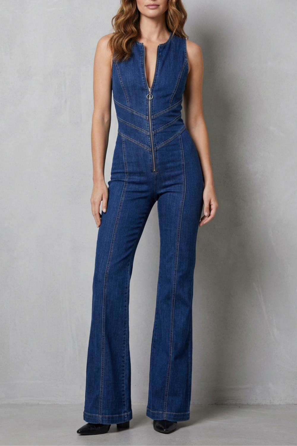 Rivazze – Macacão jeans com zíper frontal modelador