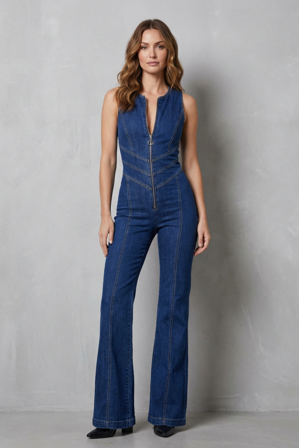 Rivazze – Macacão jeans com zíper frontal modelador