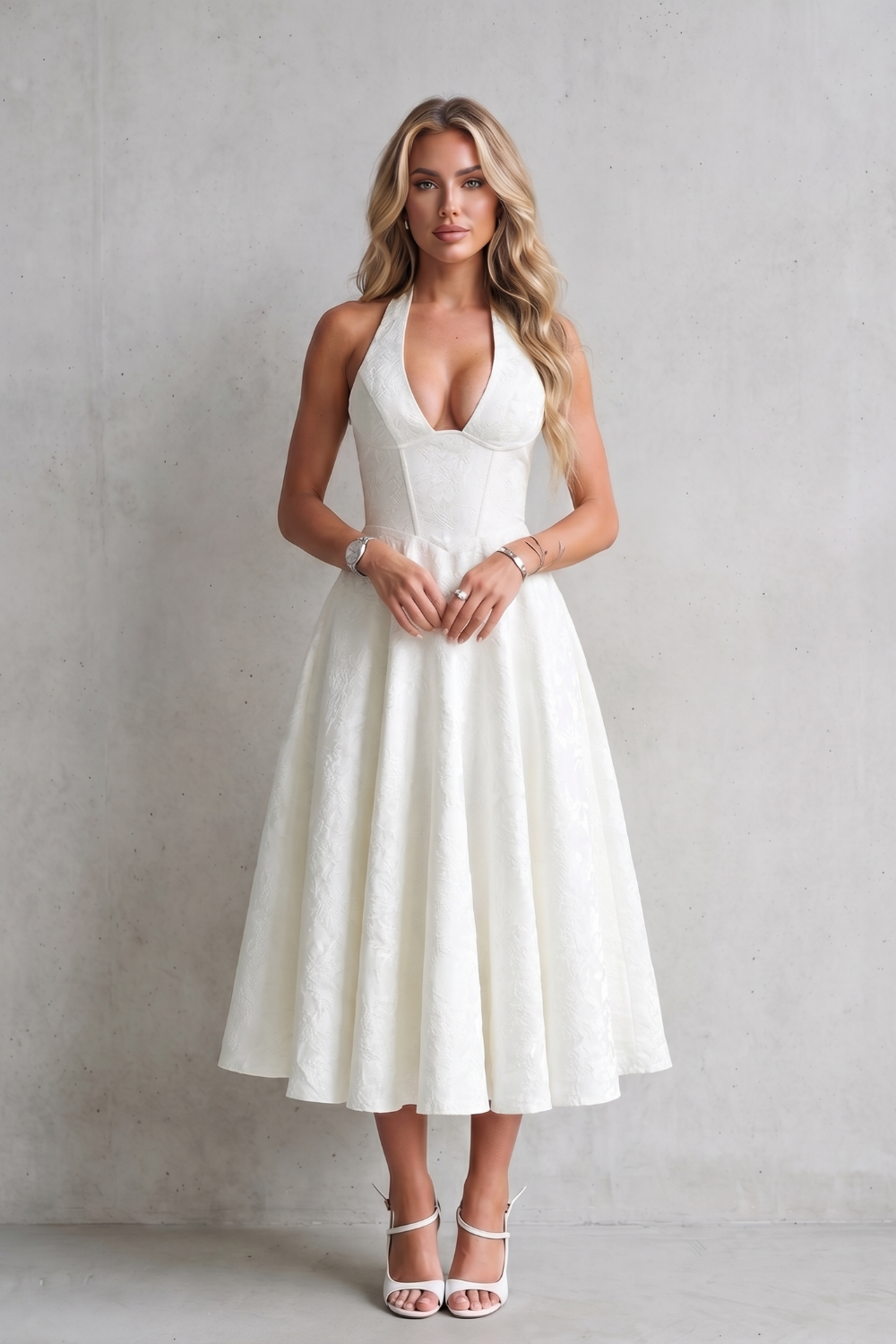 Rosalune – Elegância floral frente única – Vestido midi