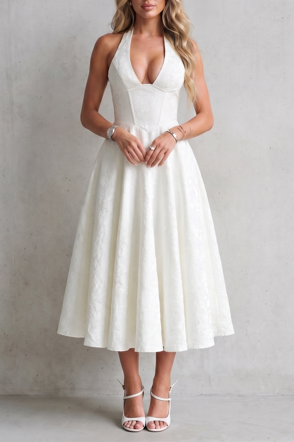 Rosalune – Elegância floral frente única – Vestido midi