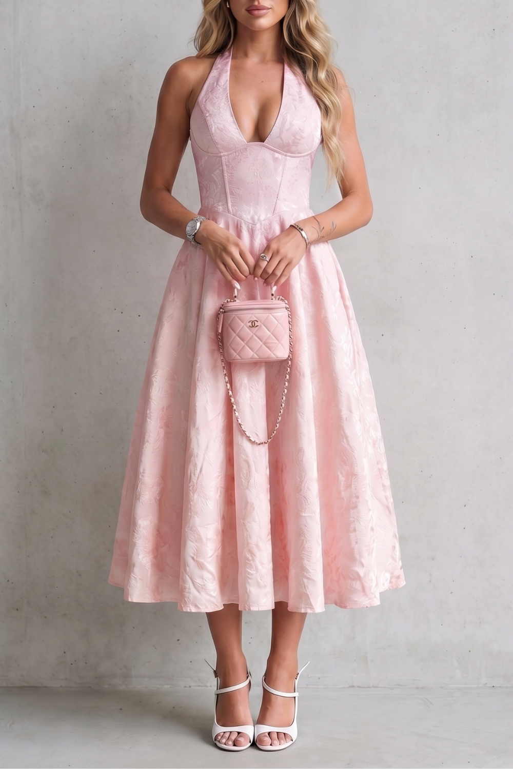 Rosalune – Elegância floral frente única – Vestido midi