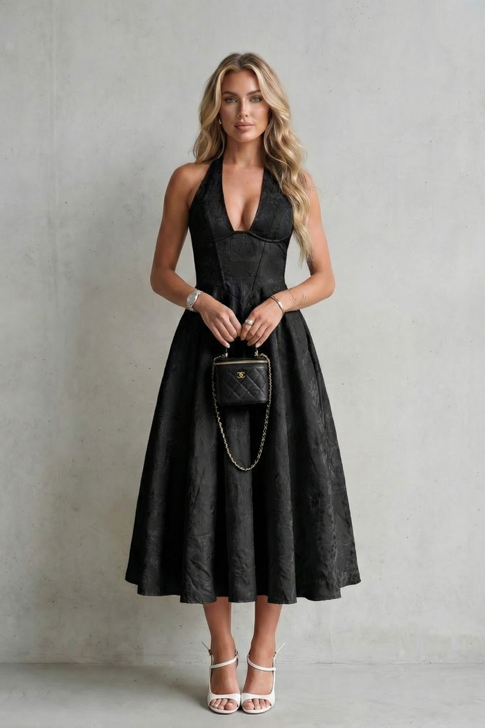 Rosalune – Elegância floral frente única – Vestido midi