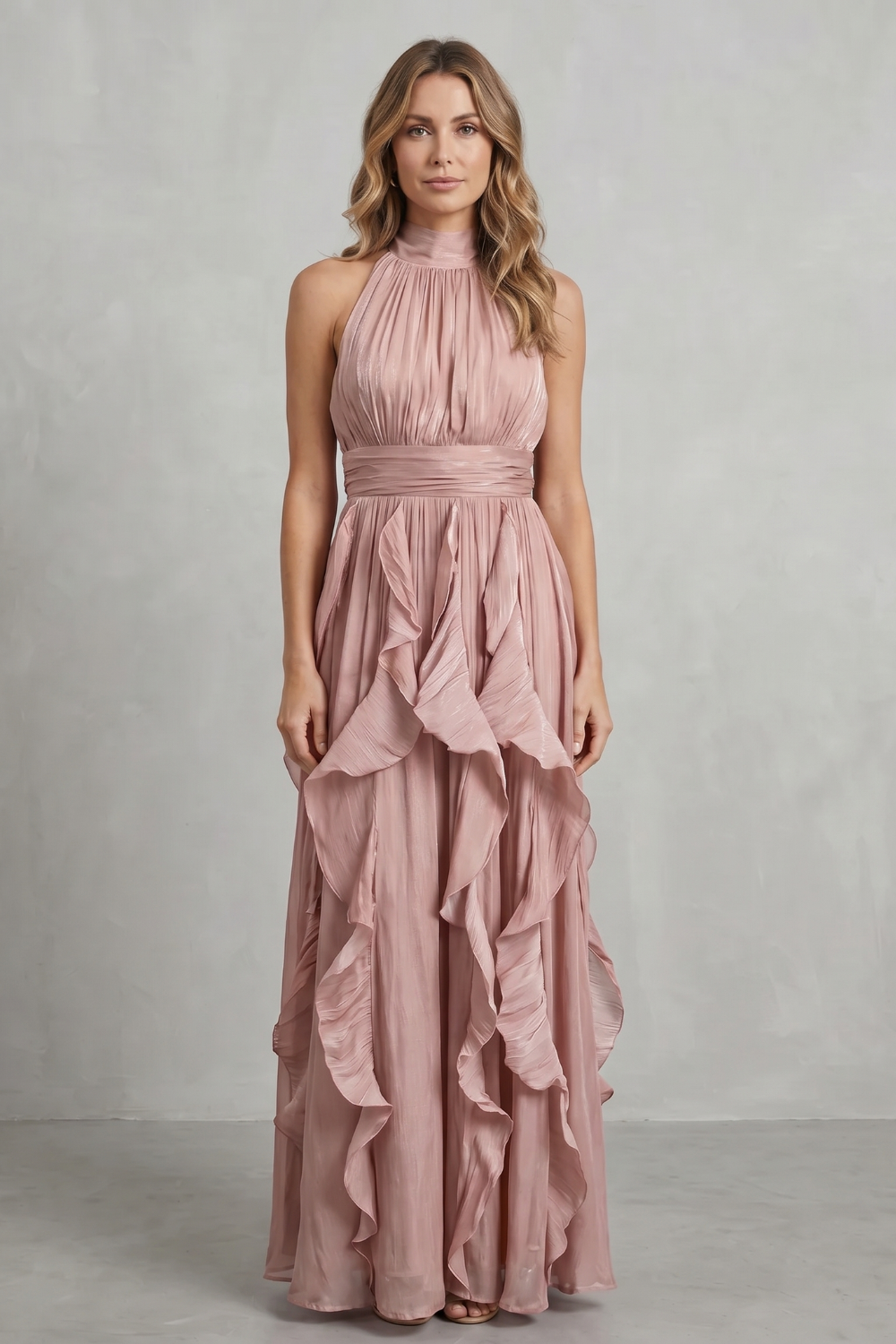 Rosamira – Elegância em chiffon com babados – Vestido longo