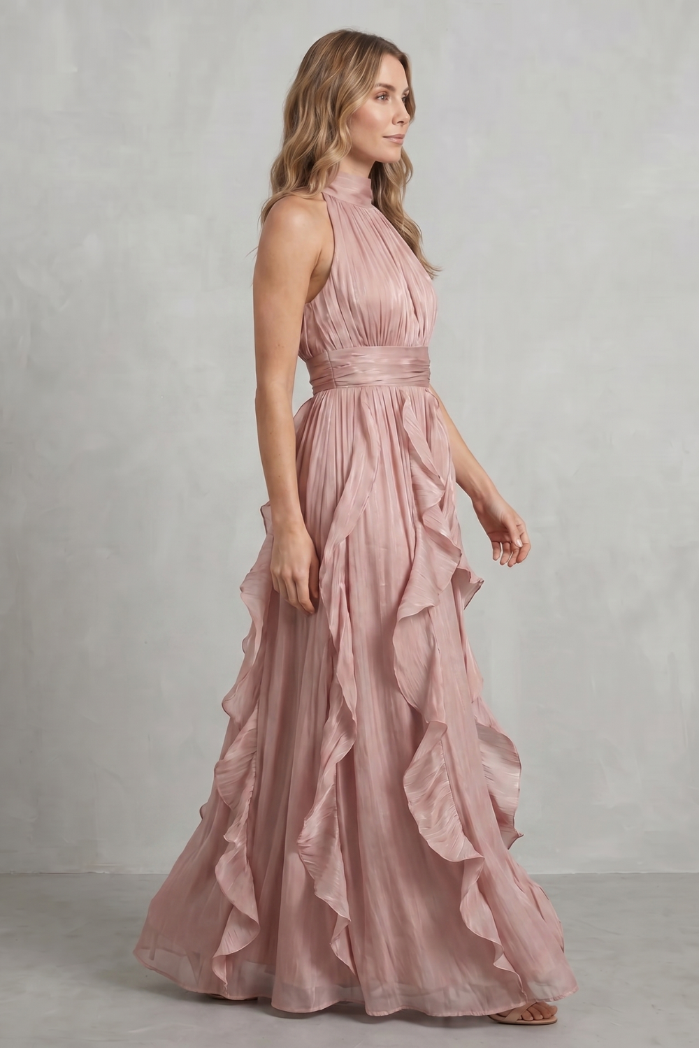 Rosamira – Elegância em chiffon com babados – Vestido longo