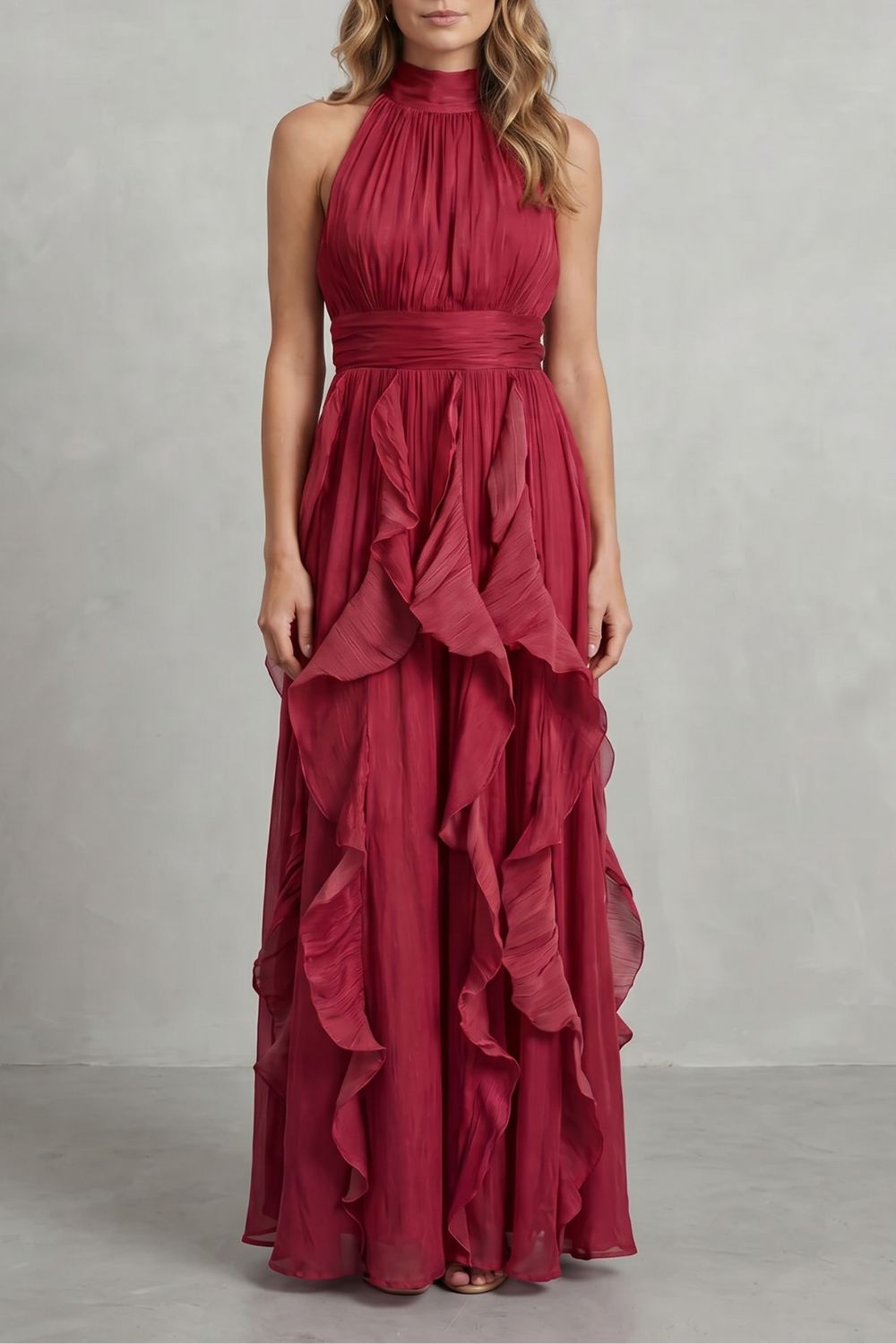 Rosamira – Elegância em chiffon com babados – Vestido longo