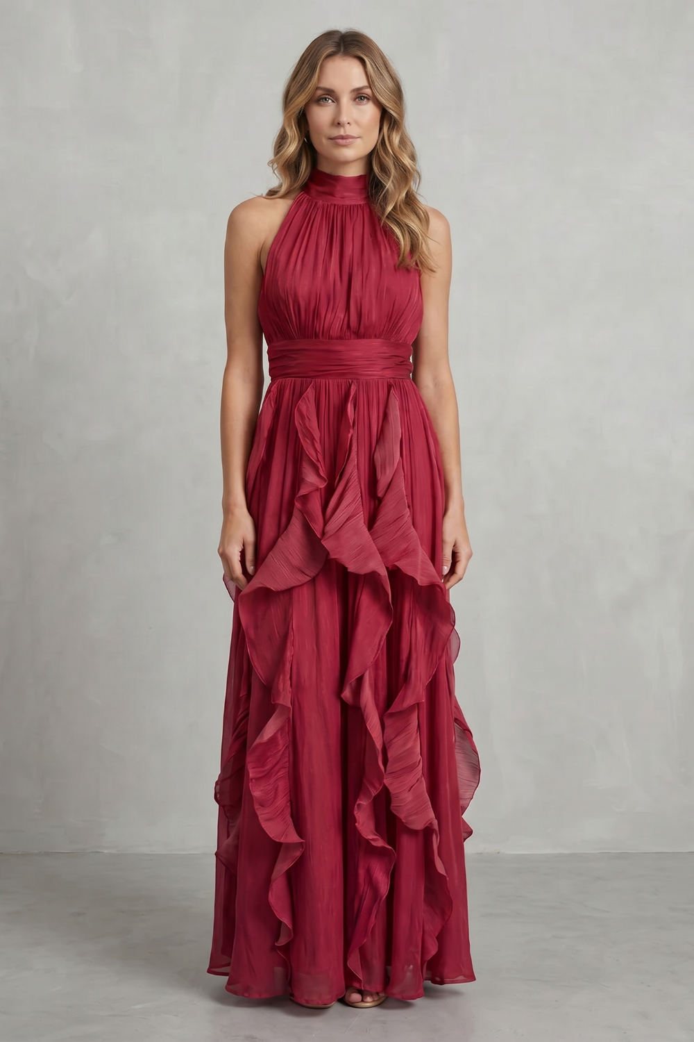 Rosamira – Elegância em chiffon com babados – Vestido longo